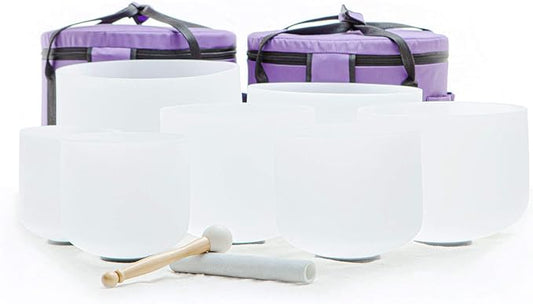 Leize 6-12 inch Chakra Tuned 432hz Set of 7 Flawless Quartz Crystal Singing Bowls with Heavy Duty Carrying Cases and Singing Bowl Mallet Suede Strikers