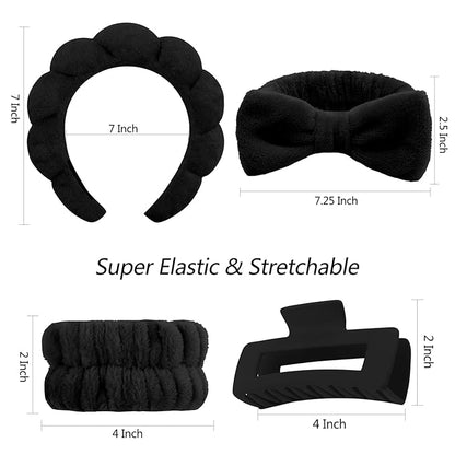 VELSCRUN Spa Headbands for Wash Face, Makeup Headband, Facial Skincare Headbands, 5 Pcs Black Puffy Sponge Spa Headband Bow Tie Hair Band Hair Clips Wristband Set Women Girls Accessories