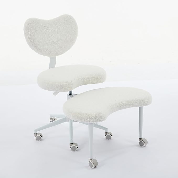 Meditation Chair with Wheels, Ergonomic Criss Cross Chair, Adjustable ADHD Floor Sitting Chair, Swivel Cross Legged Office Chair with High Back, Kneeling Posture Chair, Teddy Fabric,Ivory