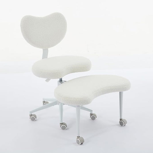 Meditation Chair with Wheels, Ergonomic Criss Cross Chair, Adjustable ADHD Floor Sitting Chair, Swivel Cross Legged Office Chair with High Back, Kneeling Posture Chair, Teddy Fabric,Ivory