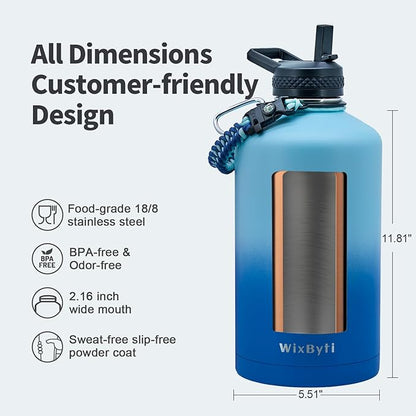 One Gallon Water Bottle Insulated, Triple Wall Vacuum Cold for 48 Hrs & Leak-proof & Non-BPA, 128oz Large Sports Stainless Steel Water Jug with Paracord Handle Straw Spout Lids & DIY Stickers