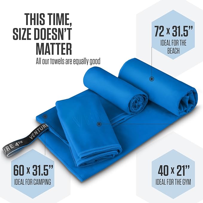VENTURE 4TH Quick Dry Towel. Microfiber Travel Towel Ideal for Camping, Hiking, Backpacking, Gym. Lightweight & Fast Drying Travel Towels for Body. Compact & Easy to Pack - Blue Extra Large