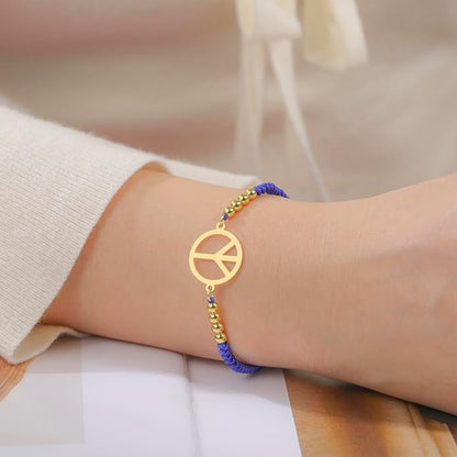 LIKGREAT Peace Sign Pendant Bracelet for Women Peace Symbol Adjustable Handmade Braided Wax Cords Beaded Bracelet