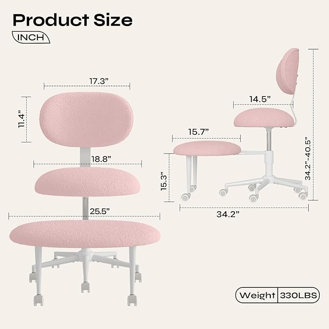 Ergonomic Cross Legged Office Chair with Wheels, ADHD Chair for Adults, Meditation Chair, Yoga Office Chair, Comfortable Back Support, Height Adjustable,Small Spaces, Teddy Fabric, Pink