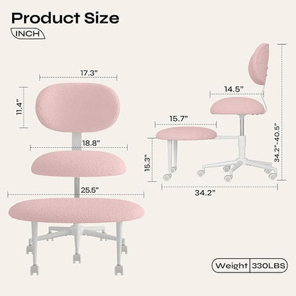 Ergonomic Cross Legged Office Chair with Wheels, ADHD Chair for Adults, Meditation Chair, Yoga Office Chair, Comfortable Back Support, Height Adjustable,Small Spaces, Teddy Fabric, Pink