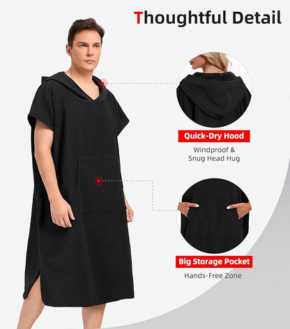 Abahub Surf Poncho Men & Women Towel Poncho Adult with Hood, Thick Quick Dry Changing Poncho Towel, Microfiber Wearable Cover Up for Surfing Beach Swim - Absorbent Changing Towel L (Black)