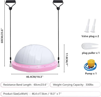 ZPZ Half Balance Ball Trainer, Compact Portable Inflatable Exercise Yoga Stability Ball with App-Based Balance Game, Pilates Resistance Bands, Foot Pump, Non-Slip Base for for Full-Body Workouts, Home Gym & Easy Storage (18.3 Inch Pink)
