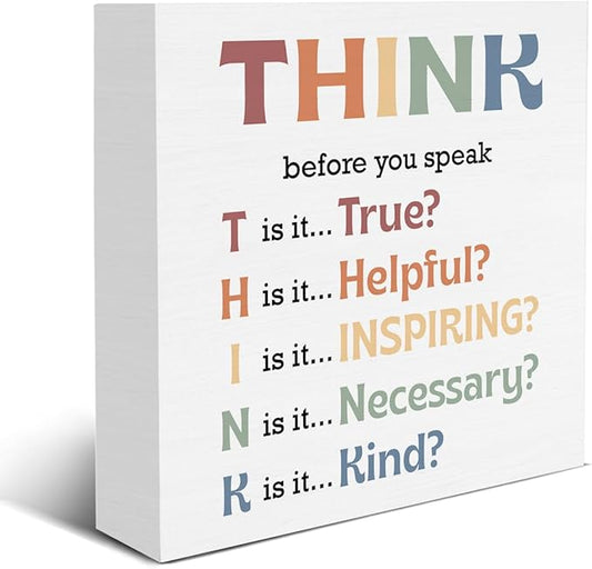 Mental Health Sign Think Before You Speak Wood Block Sign Inspirational Classroom Decorative Desk Sign School Counselor Therapy Office Home Shelf Tabletop Decor 5 X 5 Inches