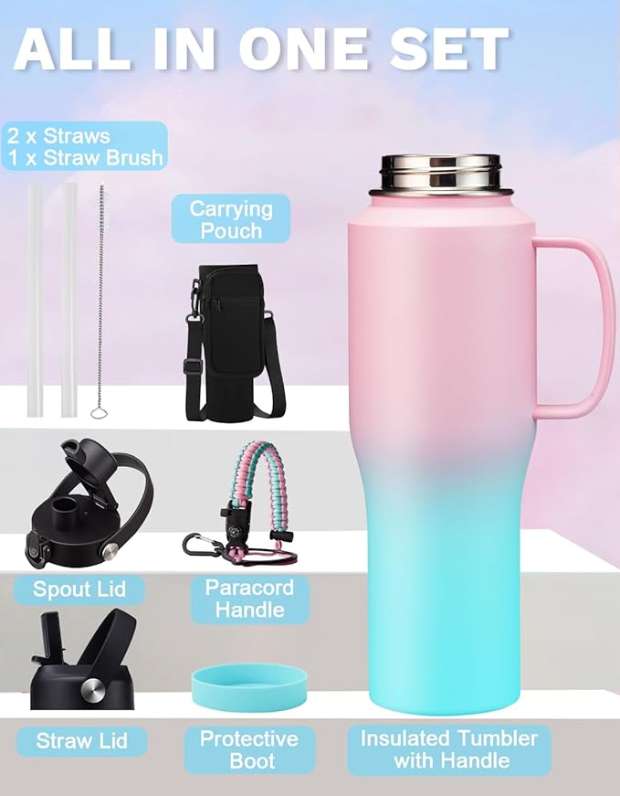 32 OZ Insulated Water Bottle Tumbler - with Straw & Spout Lid, Paracord Handle, Stap Carrying Case, Cold-48H & Hot-24H, Stainless Steel Tumblers with Handle, Slim Water Bottle that Fits in Cup Holder