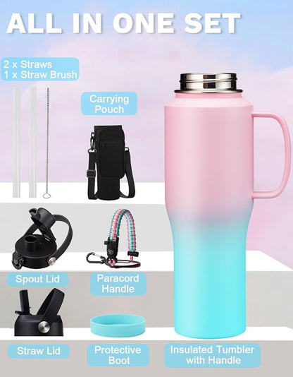 32 OZ Insulated Water Bottle Tumbler - with Straw & Spout Lid, Paracord Handle, Stap Carrying Case, Cold-48H & Hot-24H, Stainless Steel Tumblers with Handle, Slim Water Bottle that Fits in Cup Holder
