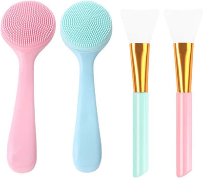 4PCS Silicone Facial Cleansing Brush & Mask Brush Set - Skin-Friendly Waterproof Exfoliator for Blackheads Removal, Pink & Teal Skincare Tools for Blackheads Whiteheads Makeup Residues Removal
