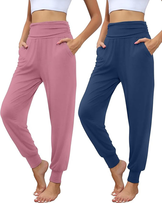 2 Pack Women's Yoga Joggers, Cozy Sweatpants with Pockets Casual Loose Comfy High Waisted Lounge Pants