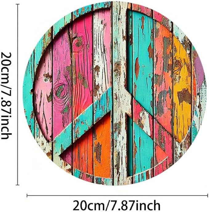 Colorful Peace Symbol Round Aluminum Sign - Vibrant High-Definition Print, Weathered Wood Design, Easy to Hang,Decorative Wall Art | Durable Print, Outdoor Decor, Perfect for Room Decor