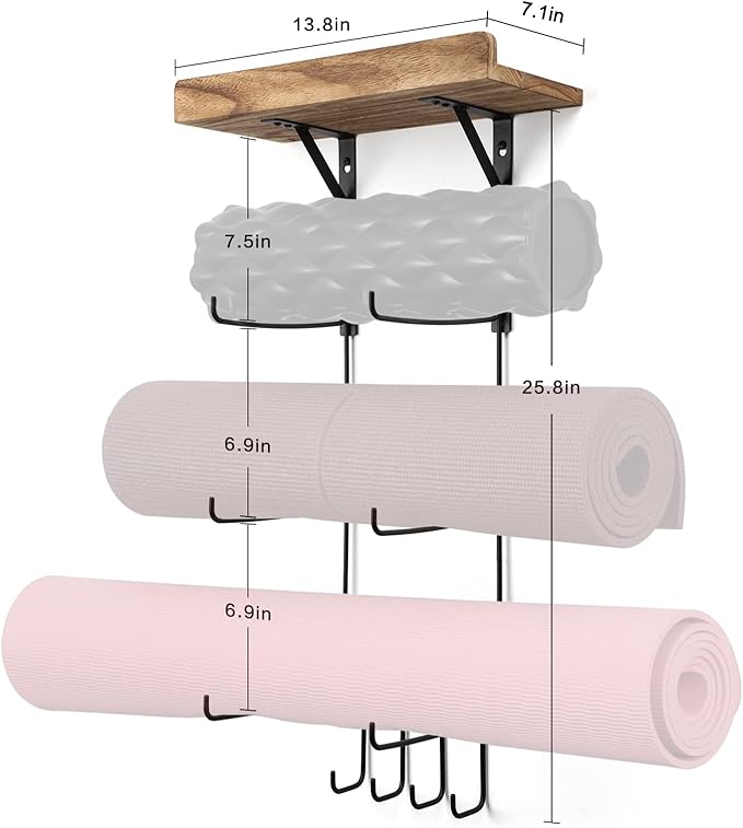 2 PACK Yoga Mat Holder Wall Mount Yoga Mat Storage Shelf Rack Home Gym Accessories with Wood Floating Shelves and 4 Hooks for Hanging Foam Roller and Resistance Bands Home Gym Carbonized Black
