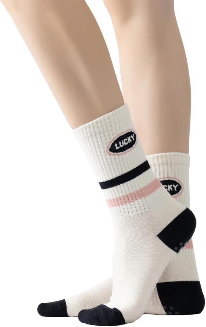 Yoga Pilates Socks with Grips for Women Non Slip Striped Cushioned Crew Socks for Barre Ballet Dance