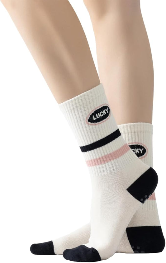 Yoga Pilates Socks with Grips for Women Non Slip Striped Cushioned Crew Socks for Barre Ballet Dance
