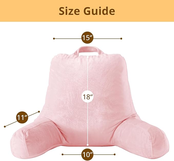 Sasttie Reading Pillow, Velvet Back Pillow for Bed Sitting Up, Adult Back-Rest Support Cushion with Arms for Sit Up on Couch, Sofa, and Floor, Dorm Essentials, Reading Accessories, Pink