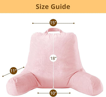 Sasttie Reading Pillow, Velvet Back Pillow for Bed Sitting Up, Adult Back-Rest Support Cushion with Arms for Sit Up on Couch, Sofa, and Floor, Dorm Essentials, Reading Accessories, Pink