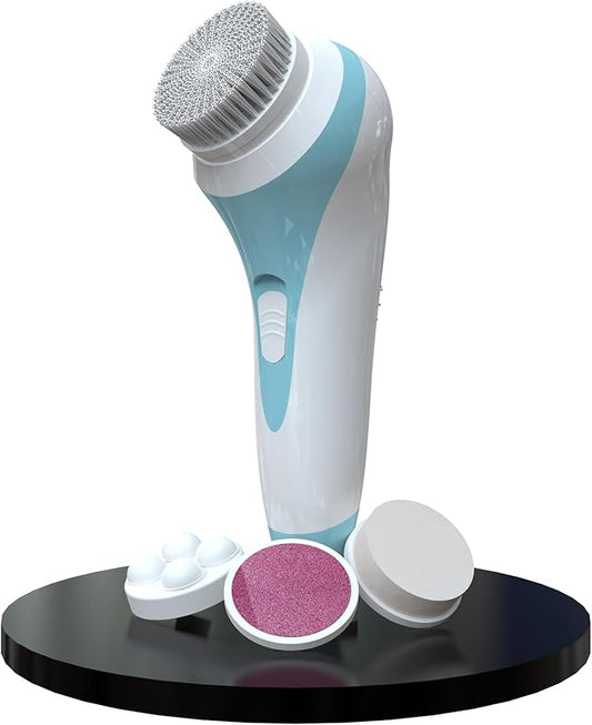 Bella Ciao 5-Piece Sonic Facial Cleansing Brush Set, Blue | Battery Operated Face Scrubber Exfoliator, Makeup Remover Skin Care Tools w/ 4 Attachments| Face Cleansing Brush, Skin Exfoliator for Body