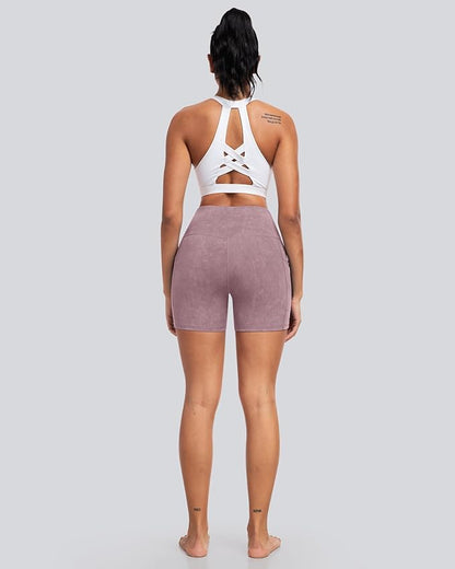 CHRLEISURE Womens Biker Yoga Shorts with Pockets: High Waisted Tummy Control Spandex Workout Athletic Gym Shorts 4 Packs