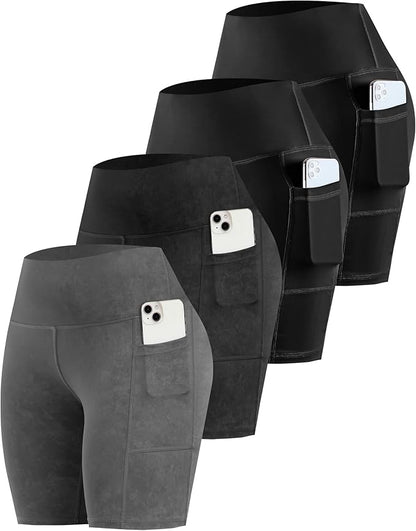 CHRLEISURE Womens Biker Yoga Shorts with Pockets: High Waisted Tummy Control Spandex Workout Athletic Gym Shorts 4 Packs