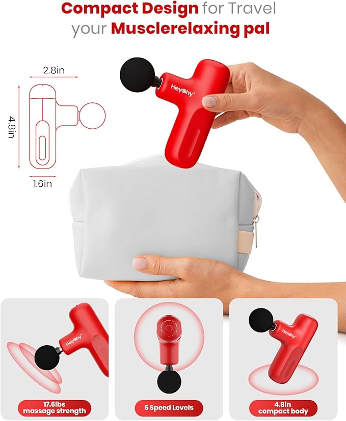 Super Mini Massage Gun Deep Tissue, Handheld Muscle Massager with 4 Heads, Percussion Travel Size Massage Gun for Back, Neck, Body Pain Relief, Quiet for Home, Gym, Office, Gift for Men & Women, Red