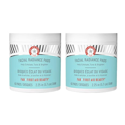 First Aid Beauty – Facial Radiance Pads with Glycolic & Lactic Acids, Daily Exfoliating with AHA that Helps Tone & Brighten Skin, Makeup Prep Pads, Compostable for Daily Use, 60 Count, 2ct