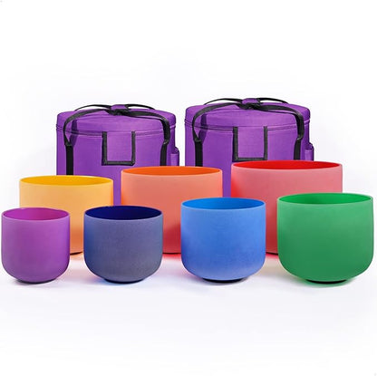 432HZ 6''-12'' Set of 7 Colored Crystal Singing Bowl Set Crystal Sound Healing Frosted Chakra Quartz bowls with 2 Case Bags and Rubber Mallets