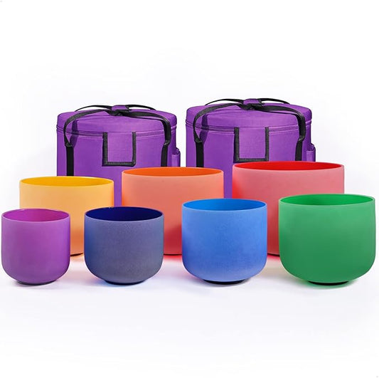 432HZ 6''-12'' Set of 7 Colored Crystal Singing Bowl Set Crystal Sound Healing Frosted Chakra Quartz bowls with 2 Case Bags and Rubber Mallets