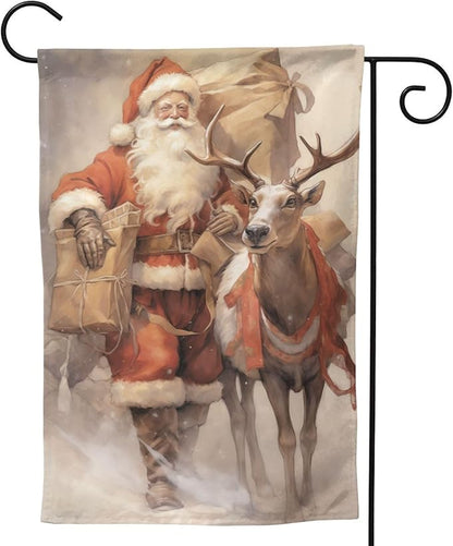 Santa Claus Reindeer Garden Flag 12x18 In Double Sided Yard Flags Lawn Sign Decor No Flagstand