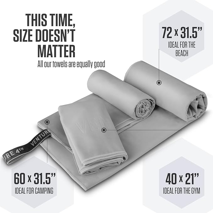 VENTURE 4TH Quick Dry Towel. Microfiber Travel Towel Ideal for Camping, Hiking, Backpacking, Gym. Lightweight & Fast Drying Travel Towels for Body. Compact & Easy to Pack - Light Gray Medium