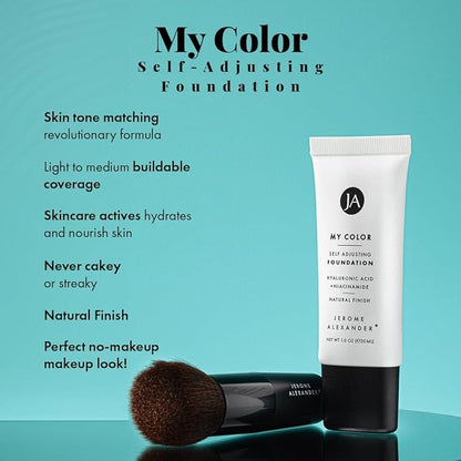 Jerome Alexander My Color Self-Adjusting Foundation, Hydrating & Lightweight Face Makeup, Skincare-Infused, with Kabuki Brush, Dark, 1 oz