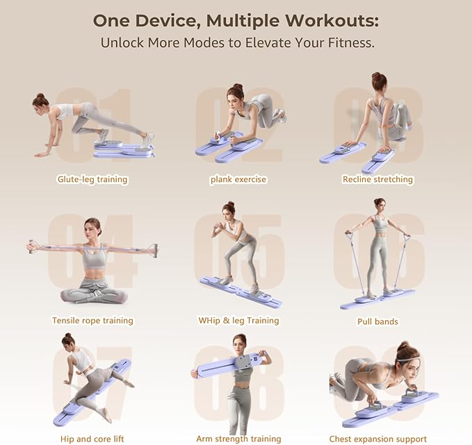 Newly Designed Pilates Reformer Set with 20+ Workouts, Pilates Reformer Board for Home, Pilates Board - Beginner Friendly Fitness Equipment