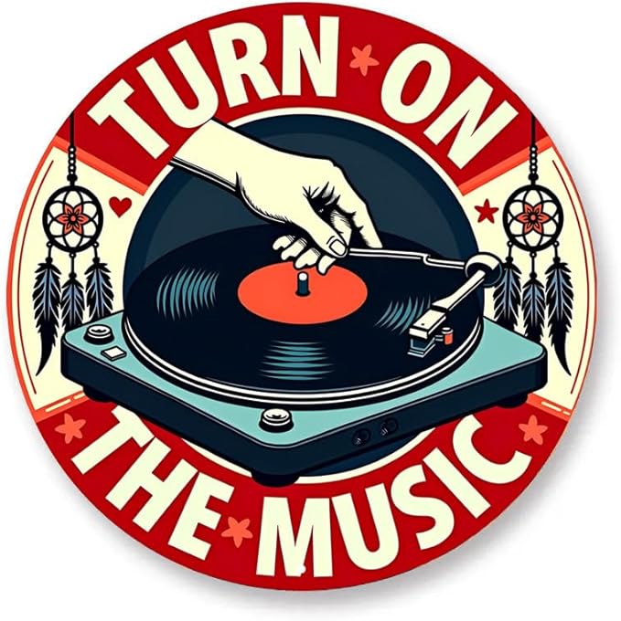 1pc Vintage Turn On The Music Vinyl Record Tin Sign, Retro Style Aluminum Wall Art, Rustic Metal Decor Plaque, 8x8", with No Electricity Needed, Cafe - Multipurpose Wall Hanging