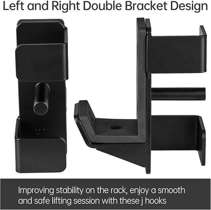 J Hooks for 2" x 2" Power Rack, Rubber Pad J-Hook for Power Cage, Bottom Reinforced Steel J Cups for Squat Rack, Heavy Duty Barbell Holder, Black