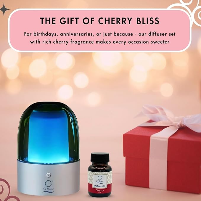 G's Breeze Smart Aroma Diffuser with 60ml Cherry Scent Refill – Bluetooth & Wi-Fi App Control - LED Lighting & Adjustable Intensity -Long-Lasting Sweet Fruity Fragrance for Home or Office