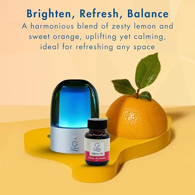 G's Breeze Smart Aroma Diffuser with 60ml Citrus Aromatic Scent Refill – Bluetooth & Wi-Fi App Control, LED Lighting, Adjustable Intensity, Long-Lasting Fresh Zesty Citrus Fragrance for Home or Office