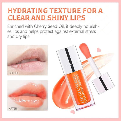 Hydrating Lip Glow Oil, Lip Oil Gloss Transparent Toot Tinted Nourishing Long Lasting Repairing Lightening Lip Lines (CLEAR) 0.2 OZ