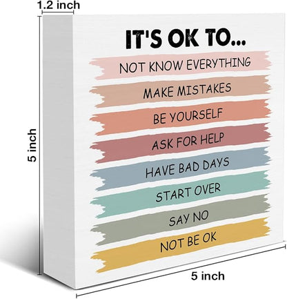 Positive Affirmations Sign It's Okay to Not Be Okay Wood Block Sign Mental Health Decorative Desk Sign Classroom Playroom School Counselor Therapy Office Home Shelf Tabletop Decor 5 X 5 Inches