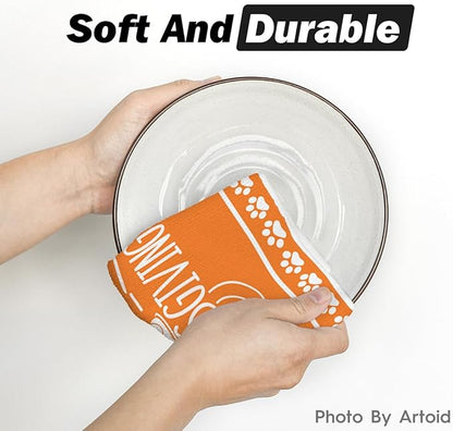 Artoid Mode Cat Turkey Happy Thanksgiving Kitchen Towels Dish Towels, 18x26 Inch Fall Leaves Decoration Hand Towels Set of 2