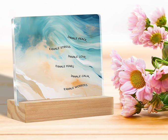 Mental Health Art Desk Decor, Watercolor Motivational Therapy Desk Signs Inhale Exhale Acrylic Desk Plaque Sign Counseling Office Classroom Home Decoration 4 x 4 Inches