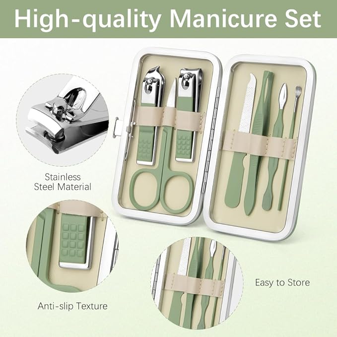 Manicure Set, Stainless Steel Nail Clipper Kit Nail Clipper Set 7 in 1 Manicure Kit Pedicure Kit Portable Nail Grooming Kit Fingernail Toenail Clippers for Men Husband Boyfriend Women Green