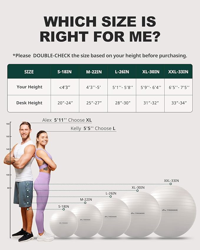Trideer Exercise Ball for Yoga, Pilates & Fitness – Stability Ball Equipment for Home Gym & Office Chair, Core & Balance Training Accessories, Physical Therapy Equipment, Quick Pump Included, 5 Sizes