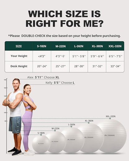Trideer Exercise Ball for Yoga, Pilates & Fitness – Stability Ball Equipment for Home Gym & Office Chair, Core & Balance Training Accessories, Physical Therapy Equipment, Quick Pump Included, 5 Sizes