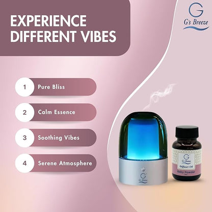 G's Breeze Smart Aroma Diffuser with 60ml Baby Powder Scent Refill – Bluetooth & Wi-Fi App Control - LED Lighting & Adjustable Intensity - Long-Lasting Soft Powdery Fragrance for Home or Office