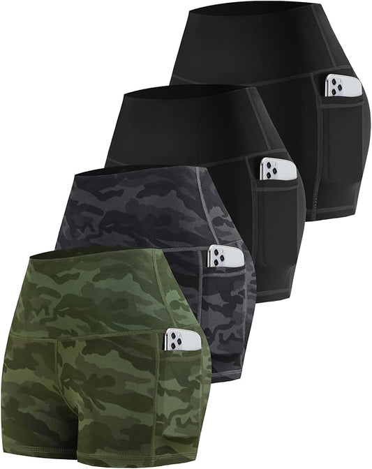 CHRLEISURE Womens Biker Yoga Shorts with Pockets: High Waisted Tummy Control Spandex Workout Athletic Gym Shorts 4 Packs