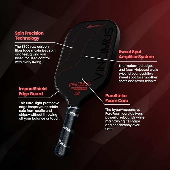 Vincimus Air Controller T600 Pickleball Paddle, T600 Carbon Fiber Pickleball Paddle with Enhance PP Honeycomb 16mm Core, 8.1oz with GatorGrit Face