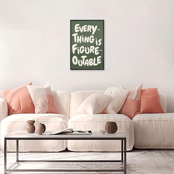Everything is Figureoutable Motivational Canvas Wall Art Print Uplifting Quote Inspirational Art Poster Green Office Affirmation Wall Decor Minimalist Picture Painting Home Decor 24x36inch black framed