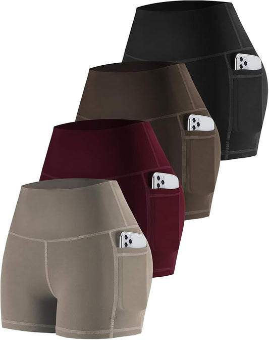 CHRLEISURE Womens Biker Yoga Shorts with Pockets: High Waisted Tummy Control Spandex Workout Athletic Gym Shorts 4 Packs