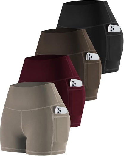 CHRLEISURE Womens Biker Yoga Shorts with Pockets: High Waisted Tummy Control Spandex Workout Athletic Gym Shorts 4 Packs